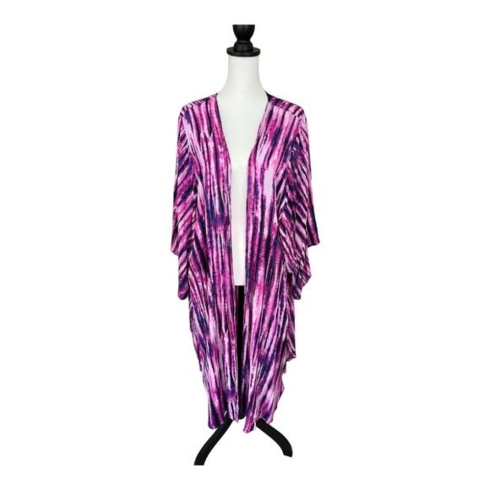 Curvy Sense Midi Length Pink and Purple Mixed Print Abstract Kimono Cardigan‎ 1X